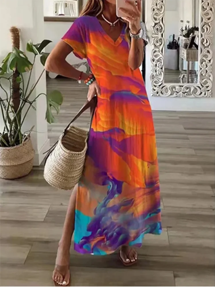 2024 New Summer Fashion V-neck Printed Dress Women's Solid Color Pocket Casual Minimalist Beach Long Dress