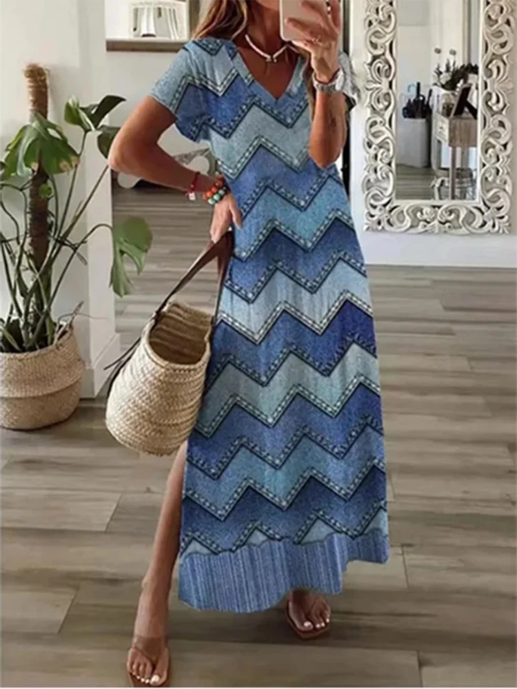 2024 New Summer Fashion V-neck Printed Dress Women's Solid Color Pocket Casual Minimalist Beach Long Dress