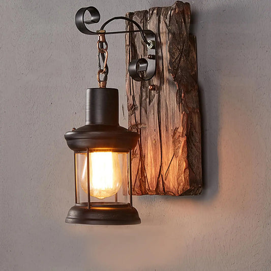 Antique New Style Industrial Wood Wall Sconce Light Rustic Wall Lamp Decorate Wall Light Iron Metal Art for Bar Loft Corridor