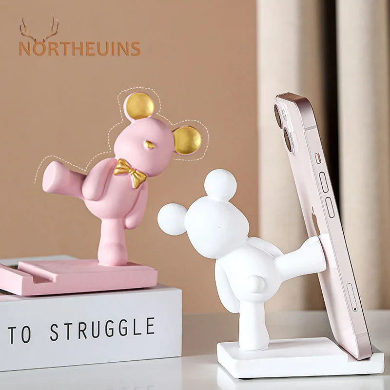 NORTHEUINS Resin Violent Bear Miniature Figurines Lazy Mobile Phone Stand Home Living Room Office Desktop Decoration Object Gift