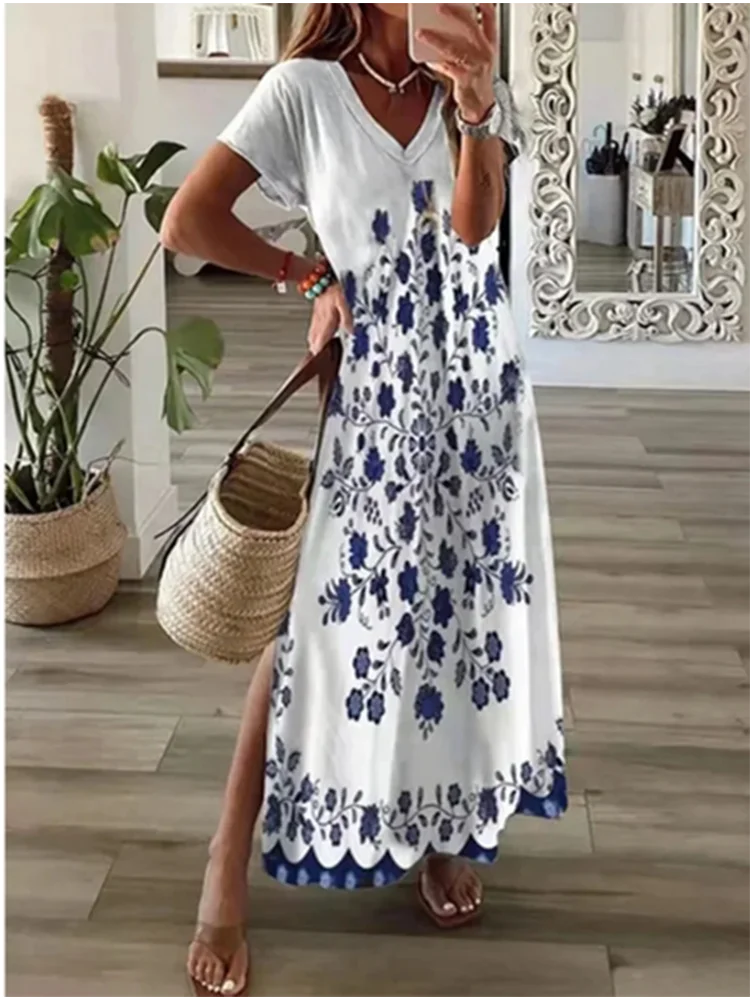 2024 New Summer Fashion V-neck Printed Dress Women's Solid Color Pocket Casual Minimalist Beach Long Dress